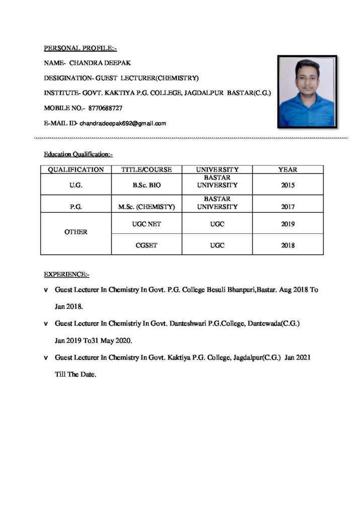 Chemistry – Govt. Kaktiya P.G. College, Jagdalpur